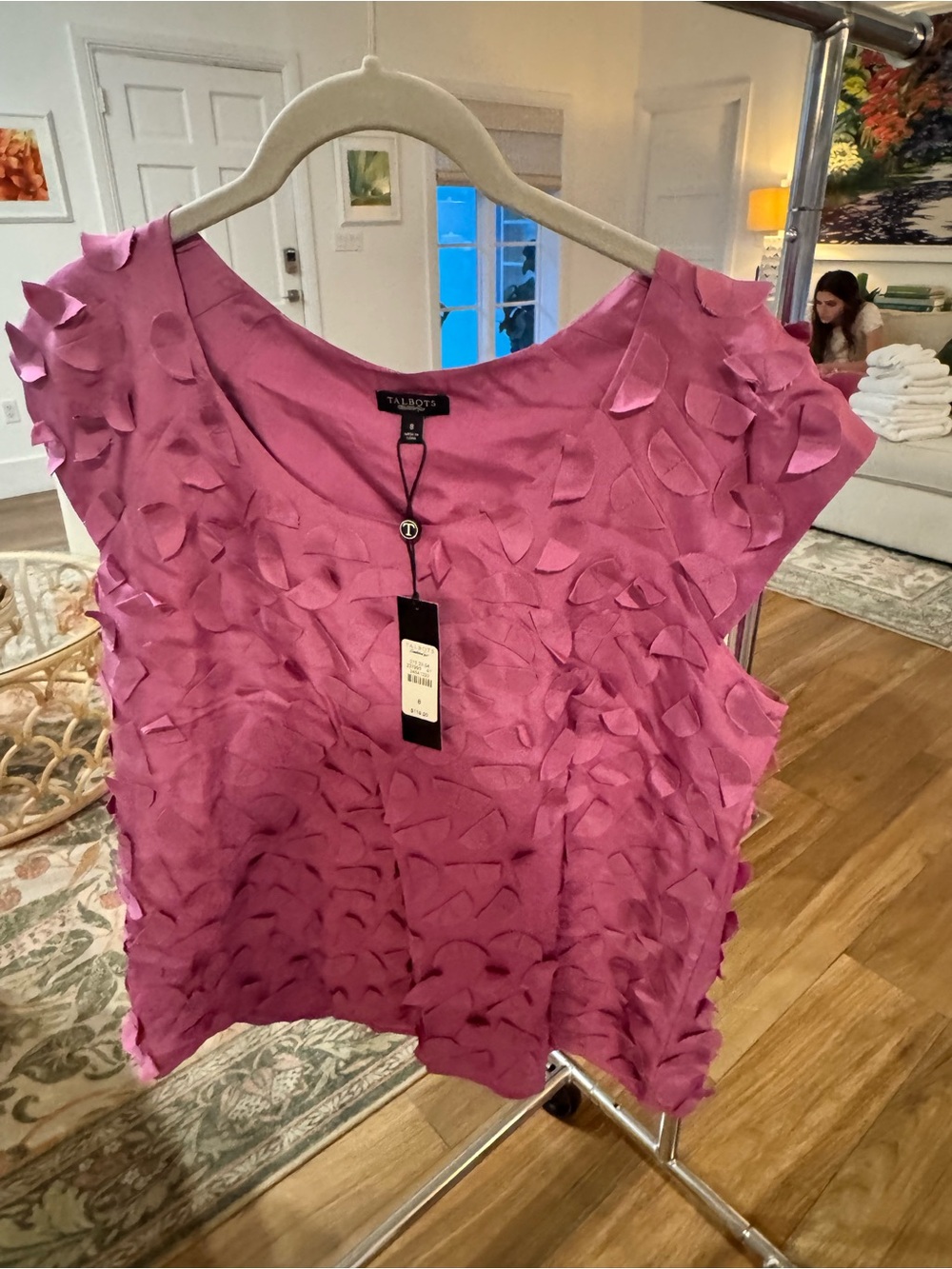 Talbots Fuchsia Petal-Appliqué Cap Sleeve Top